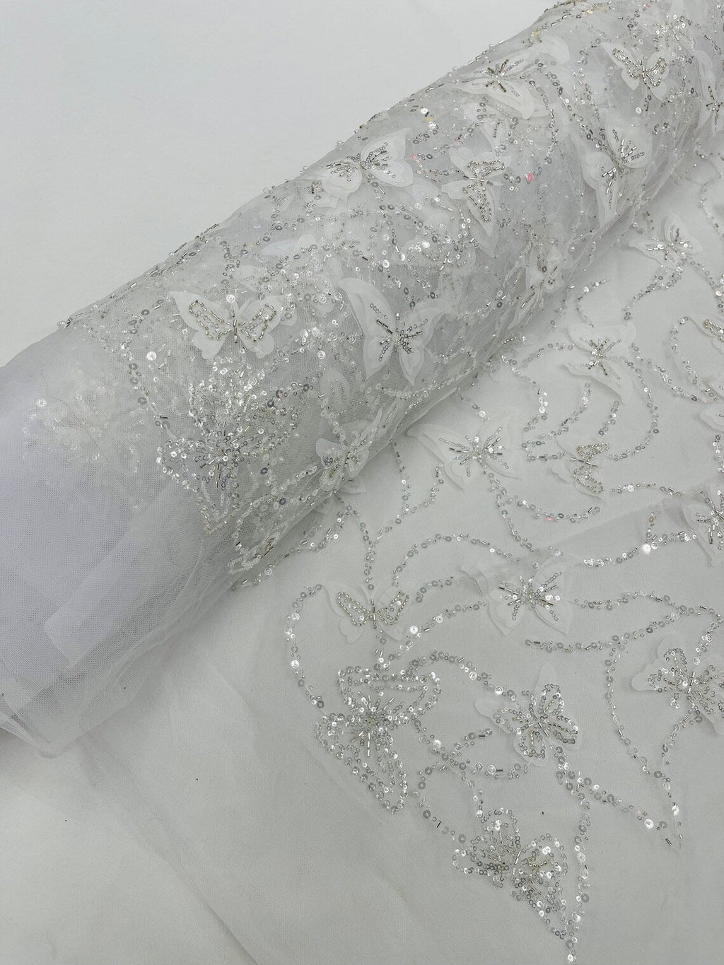 3D Butterfly Beaded Fabric - White - Beaded Sequins Butterfly Embroidered Fabric By Yard