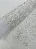 3D Butterfly Beaded Fabric - White - Beaded Sequins Butterfly Embroidered Fabric By Yard