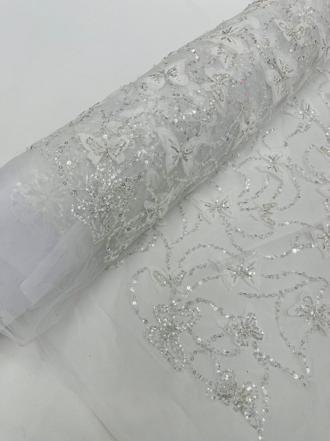 3D Butterfly Beaded Fabric - White - Beaded Sequins Butterfly Embroidered Fabric By Yard
