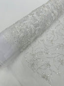 3D Butterfly Beaded Fabric - White - Beaded Sequins Butterfly Embroidered Fabric By Yard