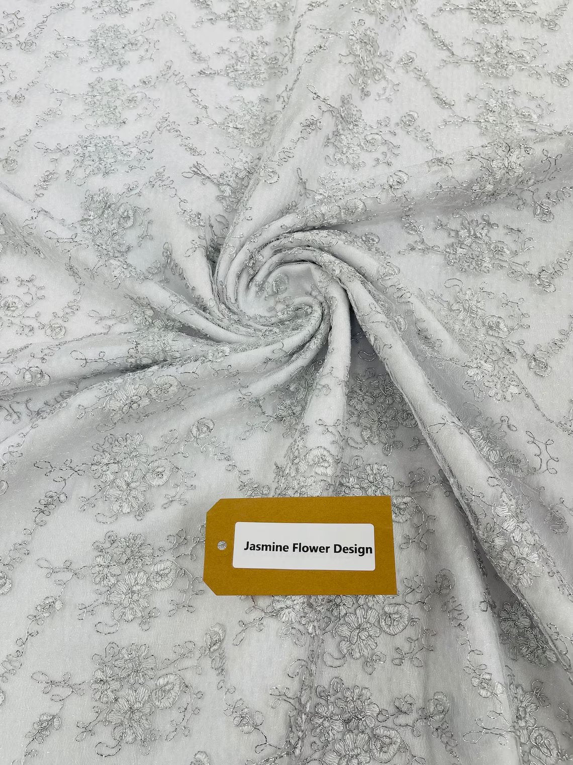 Embroidered Flower Fabric - White / Silver - Floral Design Scalloped Border Fabric By Yard