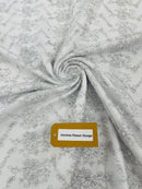 Embroidered Flower Fabric - White / Silver - Floral Design Scalloped Border Fabric By Yard