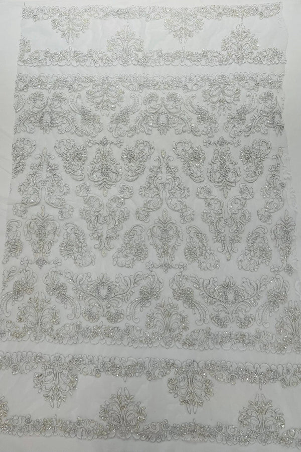 Beaded My Lady Damask Design - White / Silver - Beaded Fancy Damask Embroidered Fabric By Yard