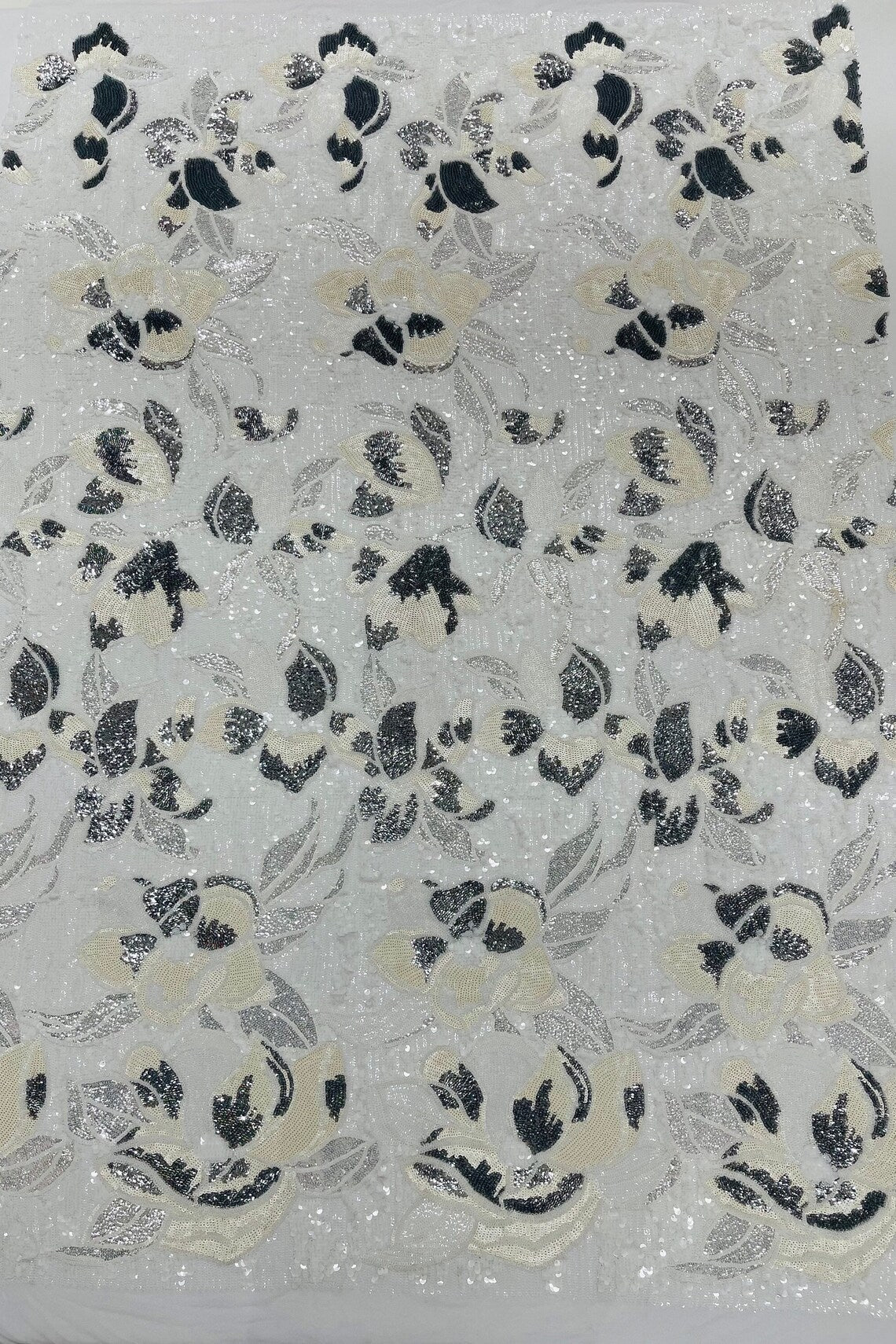 Orchid Design Sequins - White / Silver - 4 Way Stretch Full Sequins Floral Design Mesh Fabric By Yard