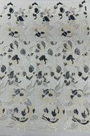 Orchid Design Sequins - White / Silver - 4 Way Stretch Full Sequins Floral Design Mesh Fabric By Yard