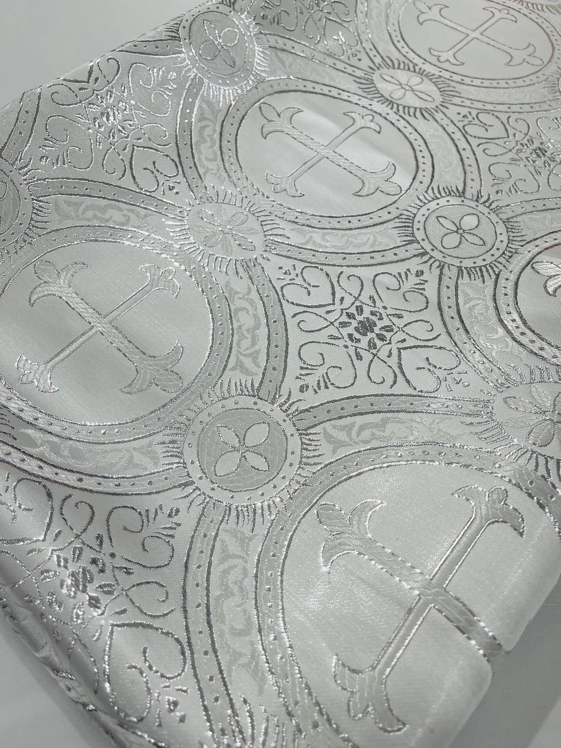 Brocade Cross Fabric - White / Silver - Church Vestment Religious Jacquard Fabric By Yard