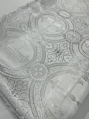 Brocade Cross Fabric - White / Silver - Church Vestment Religious Jacquard Fabric By Yard