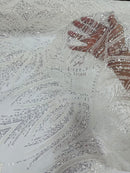 Beaded Lines Fabric - White / Silver - Luxury Beads and Sequins Line Design Fabric By Yard