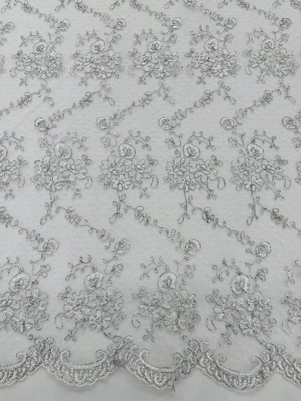 Embroidered Flower Fabric - White / Silver - Floral Design Scalloped Border Fabric By Yard