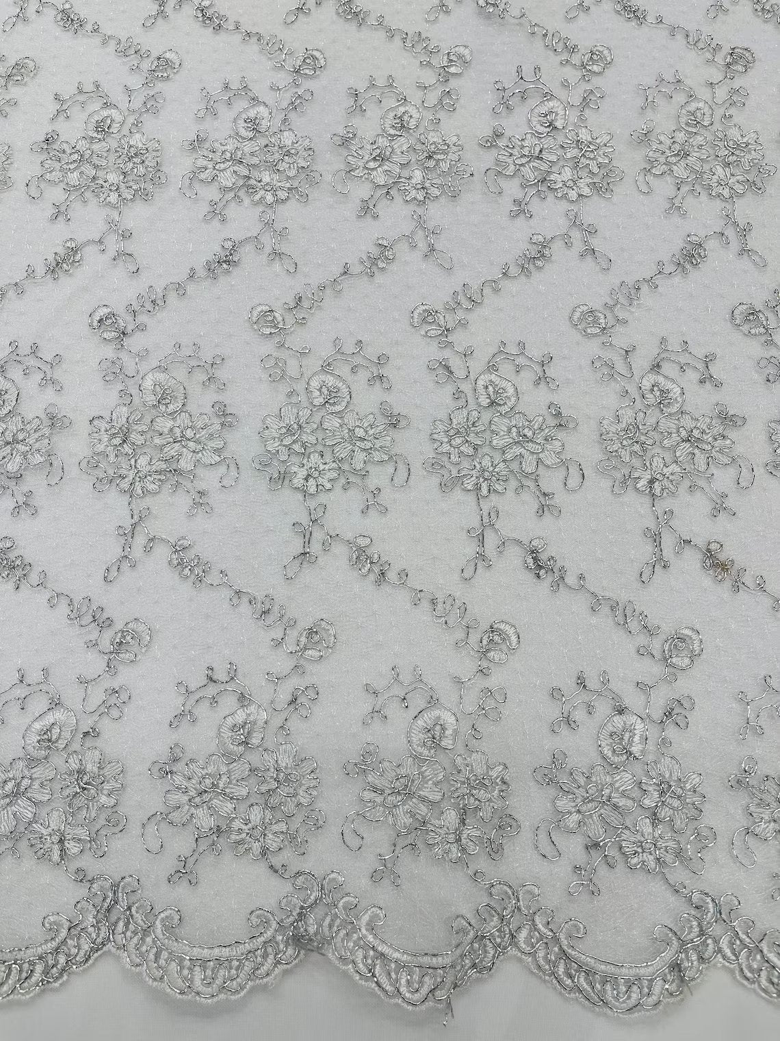 Embroidered Flower Fabric - White / Silver - Floral Design Scalloped Border Fabric By Yard
