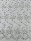 Embroidered Flower Fabric - White / Silver - Floral Design Scalloped Border Fabric By Yard