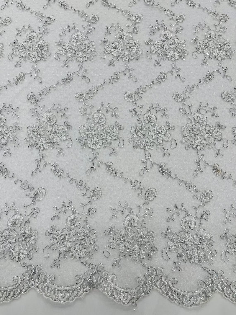 Embroidered Flower Fabric - White / Silver - Floral Design Scalloped Border Fabric By Yard