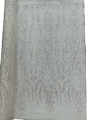 Beaded Lines Fabric - White / Silver - Luxury Beads and Sequins Line Design Fabric By Yard