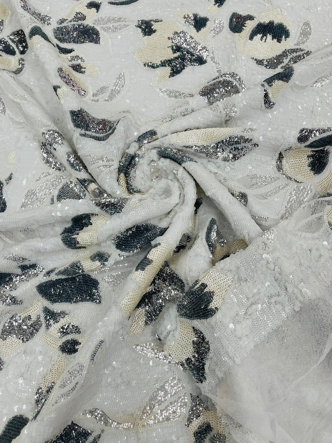 Orchid Design Sequins - White / Silver - 4 Way Stretch Full Sequins Floral Design Mesh Fabric By Yard