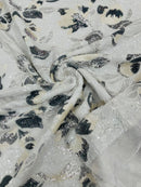 Orchid Design Sequins - White / Silver - 4 Way Stretch Full Sequins Floral Design Mesh Fabric By Yard