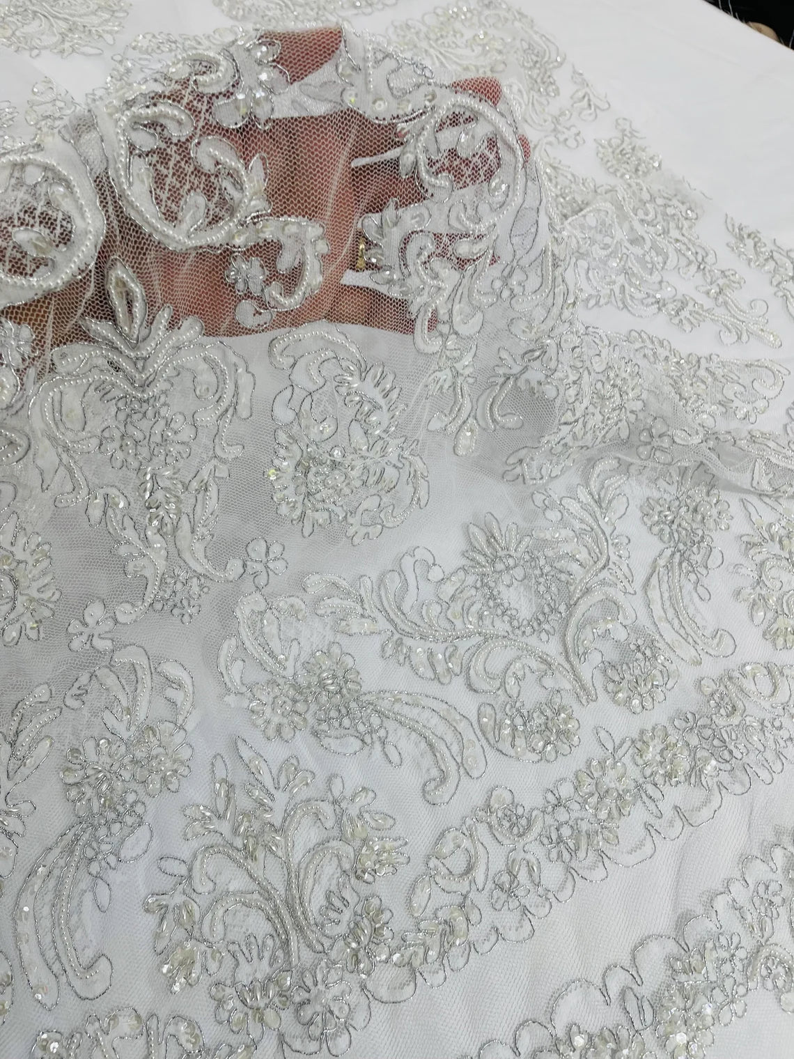 Beaded My Lady Damask Design - White / Silver - Beaded Fancy Damask Embroidered Fabric By Yard
