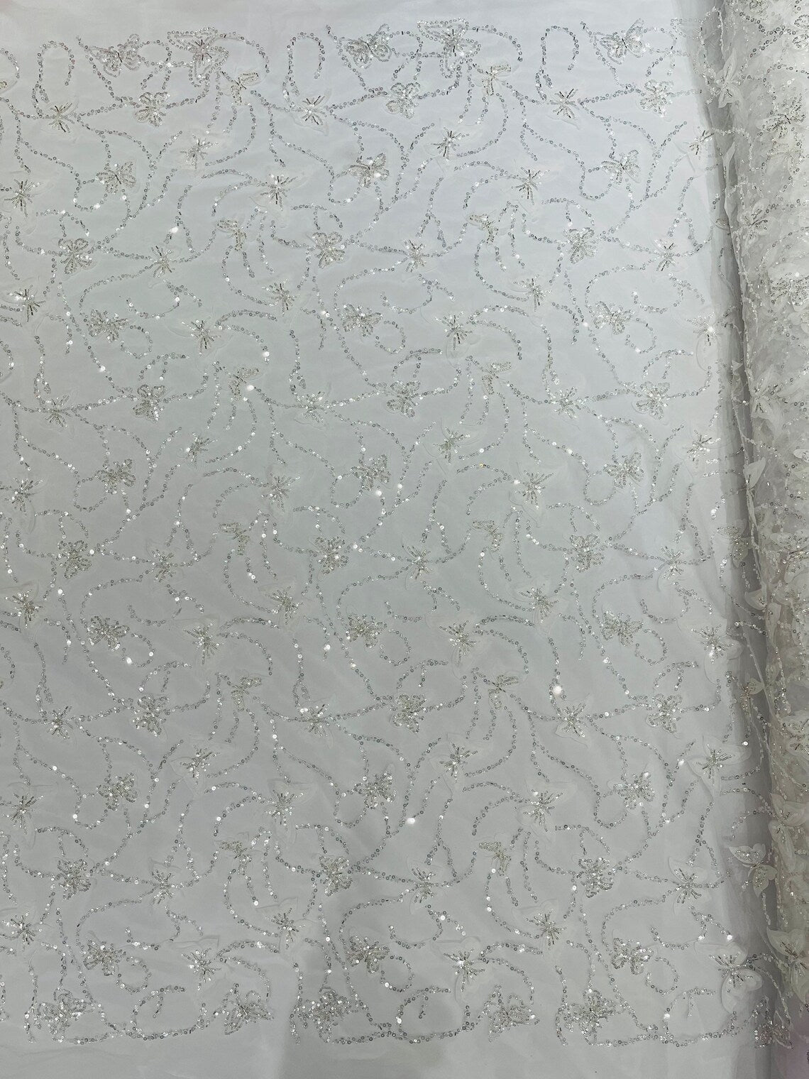 3D Butterfly Beaded Fabric - White - Beaded Sequins Butterfly Embroidered Fabric By Yard