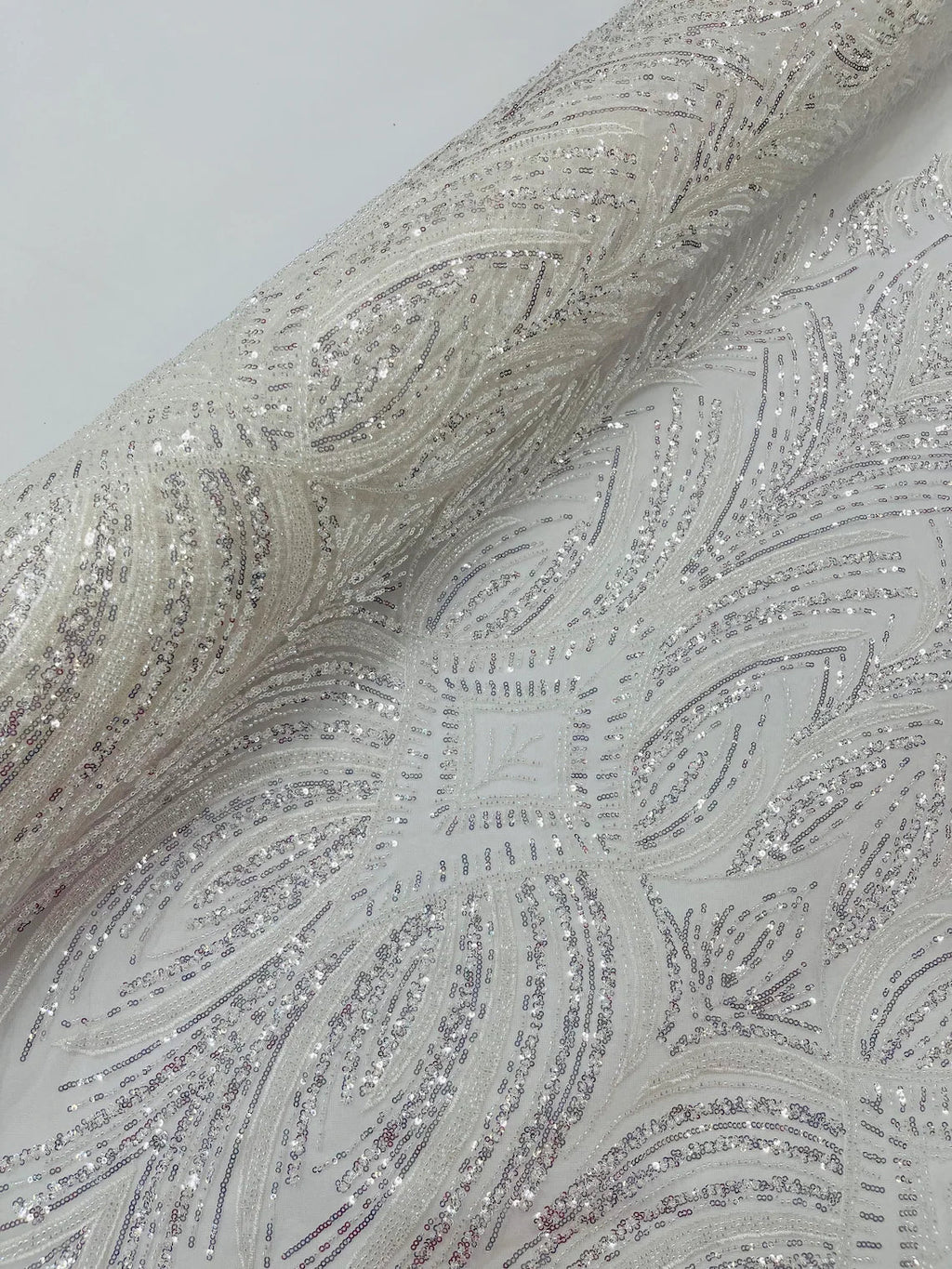Beaded Lines Fabric - White / Silver - Luxury Beads and Sequins Line Design Fabric By Yard