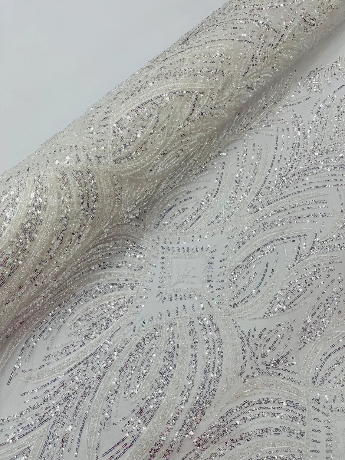 Beaded Lines Fabric - White / Silver - Luxury Beads and Sequins Line Design Fabric By Yard