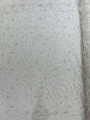 3D Butterfly Beaded Fabric - White - Beaded Sequins Butterfly Embroidered Fabric By Yard