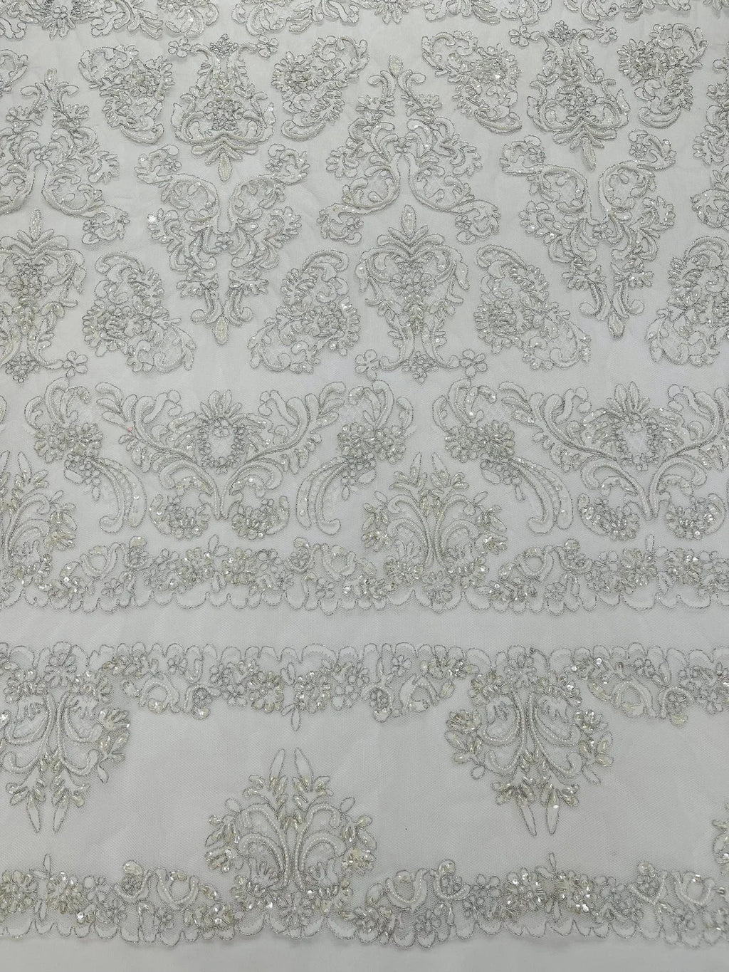 Beaded My Lady Damask Design - White / Silver - Beaded Fancy Damask Embroidered Fabric By Yard