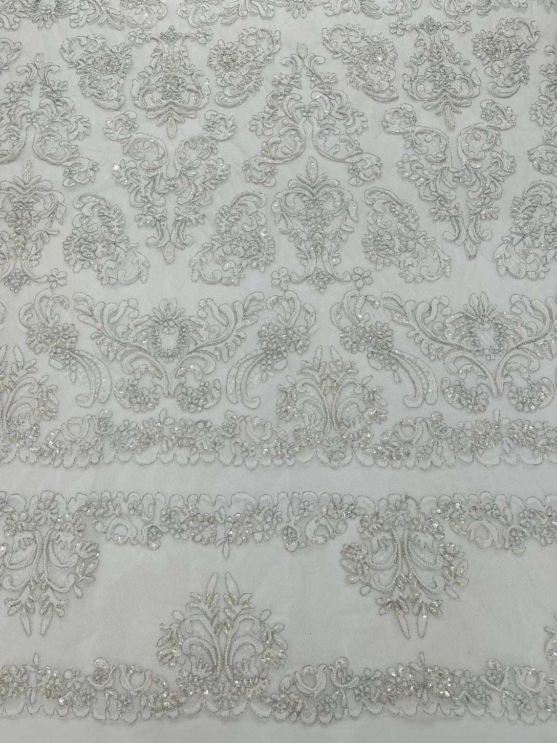 Beaded My Lady Damask Design - White / Silver - Beaded Fancy Damask Embroidered Fabric By Yard