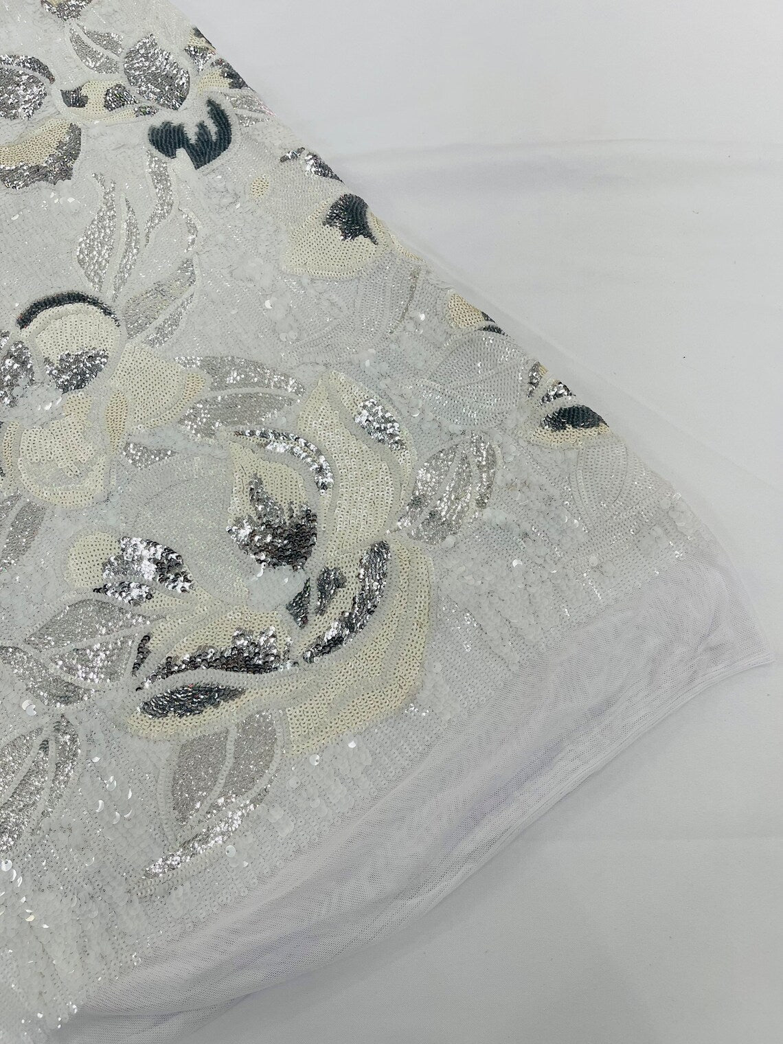 Orchid Design Sequins - White / Silver - 4 Way Stretch Full Sequins Floral Design Mesh Fabric By Yard