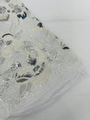 Orchid Design Sequins - White / Silver - 4 Way Stretch Full Sequins Floral Design Mesh Fabric By Yard