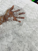 Embroidered Flower Fabric - White / Silver - Floral Design Scalloped Border Fabric By Yard