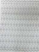 Embroidered Flower Fabric - White / Silver - Floral Design Scalloped Border Fabric By Yard