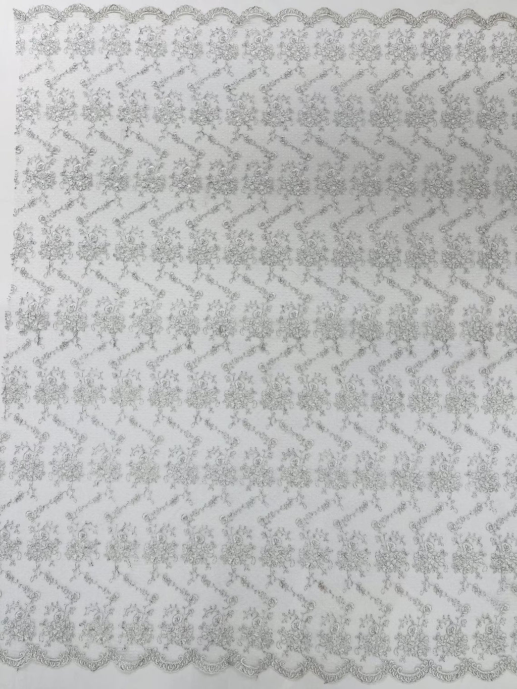 Embroidered Flower Fabric - White / Silver - Floral Design Scalloped Border Fabric By Yard