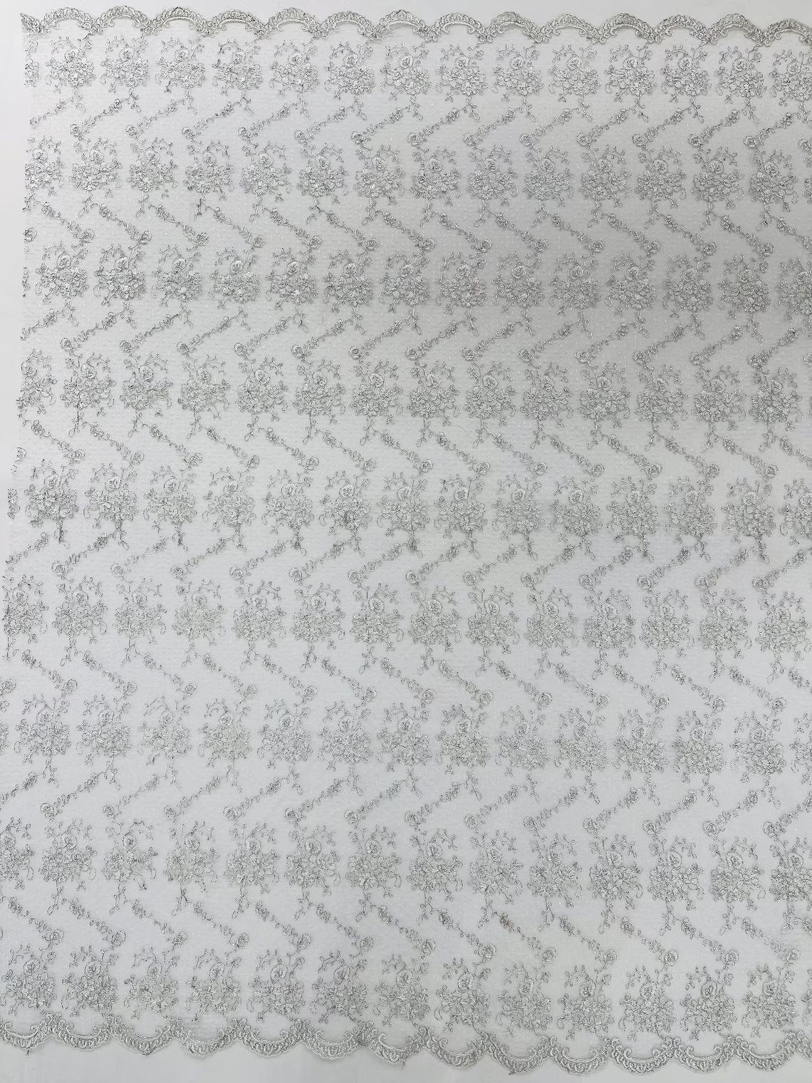 Embroidered Flower Fabric - White / Silver - Floral Design Scalloped Border Fabric By Yard