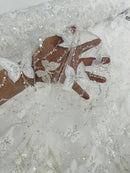 3D Butterfly Beaded Fabric - White - Beaded Sequins Butterfly Embroidered Fabric By Yard