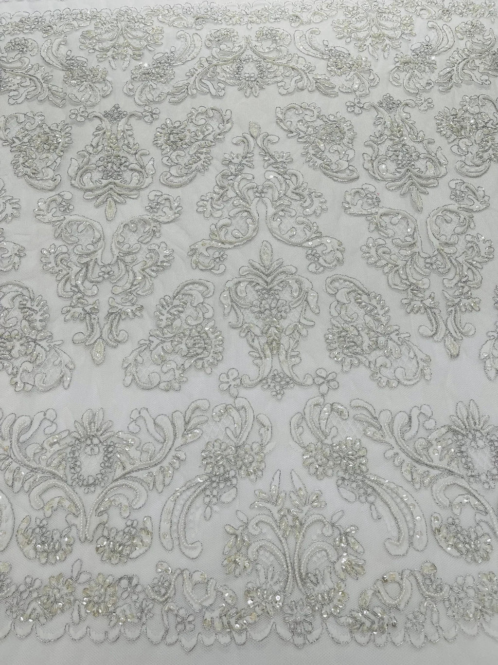 Beaded My Lady Damask Design - White / Silver - Beaded Fancy Damask Embroidered Fabric By Yard