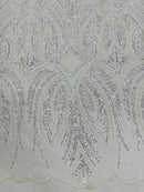 Beaded Lines Fabric - White / Silver - Luxury Beads and Sequins Line Design Fabric By Yard