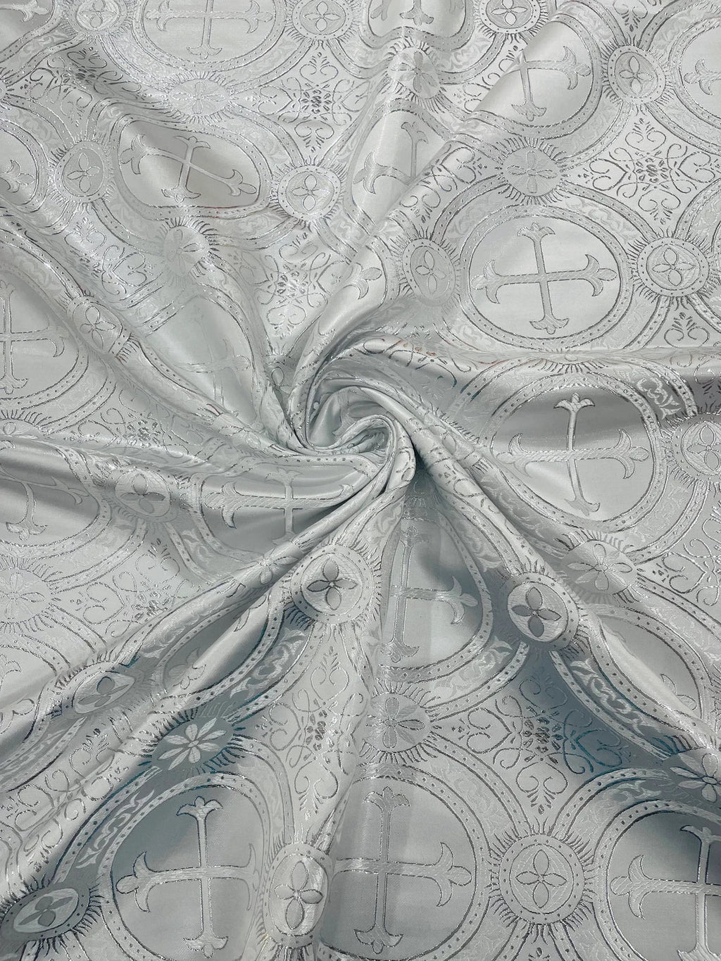 Brocade Cross Fabric - White / Silver - Church Vestment Religious Jacquard Fabric By Yard