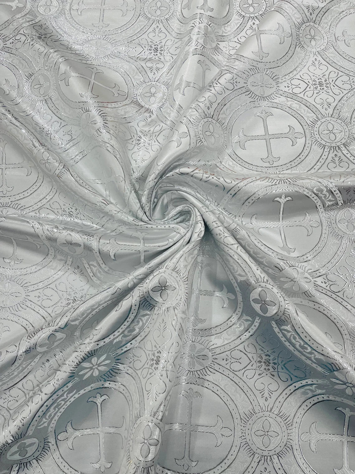 Brocade Cross Fabric - White / Silver - Church Vestment Religious Jacquard Fabric By Yard