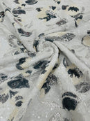 Orchid Design Sequins - White / Silver - 4 Way Stretch Full Sequins Floral Design Mesh Fabric By Yard