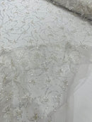 3D Butterfly Beaded Fabric - White - Beaded Sequins Butterfly Embroidered Fabric By Yard