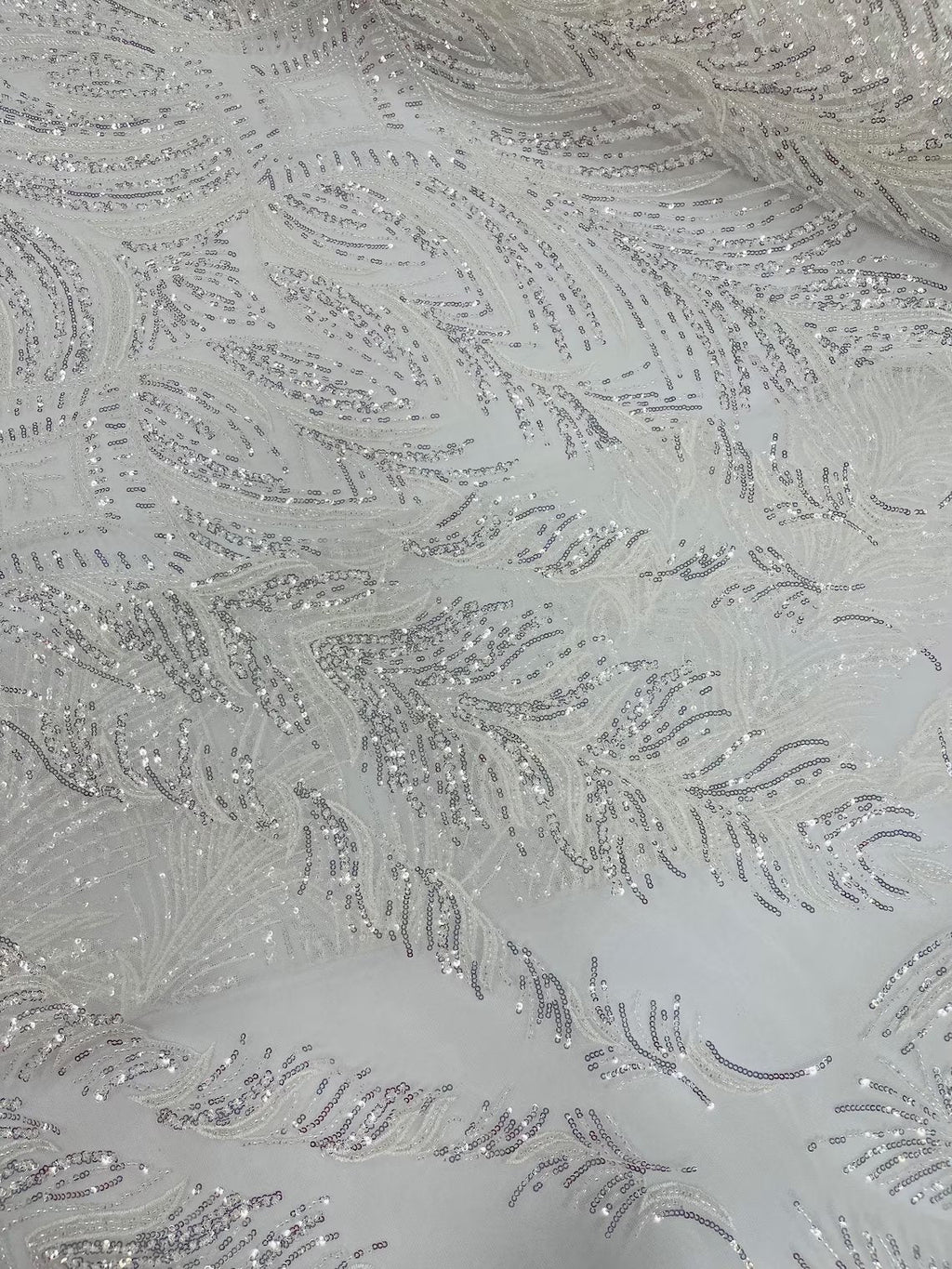 Beaded Lines Fabric - White / Silver - Luxury Beads and Sequins Line Design Fabric By Yard