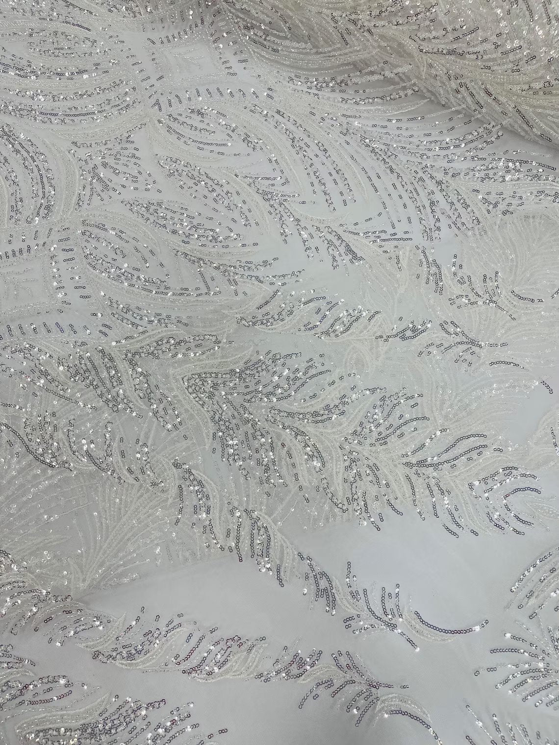 Beaded Lines Fabric - White / Silver - Luxury Beads and Sequins Line Design Fabric By Yard