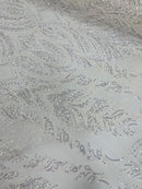 Beaded Lines Fabric - White / Silver - Luxury Beads and Sequins Line Design Fabric By Yard