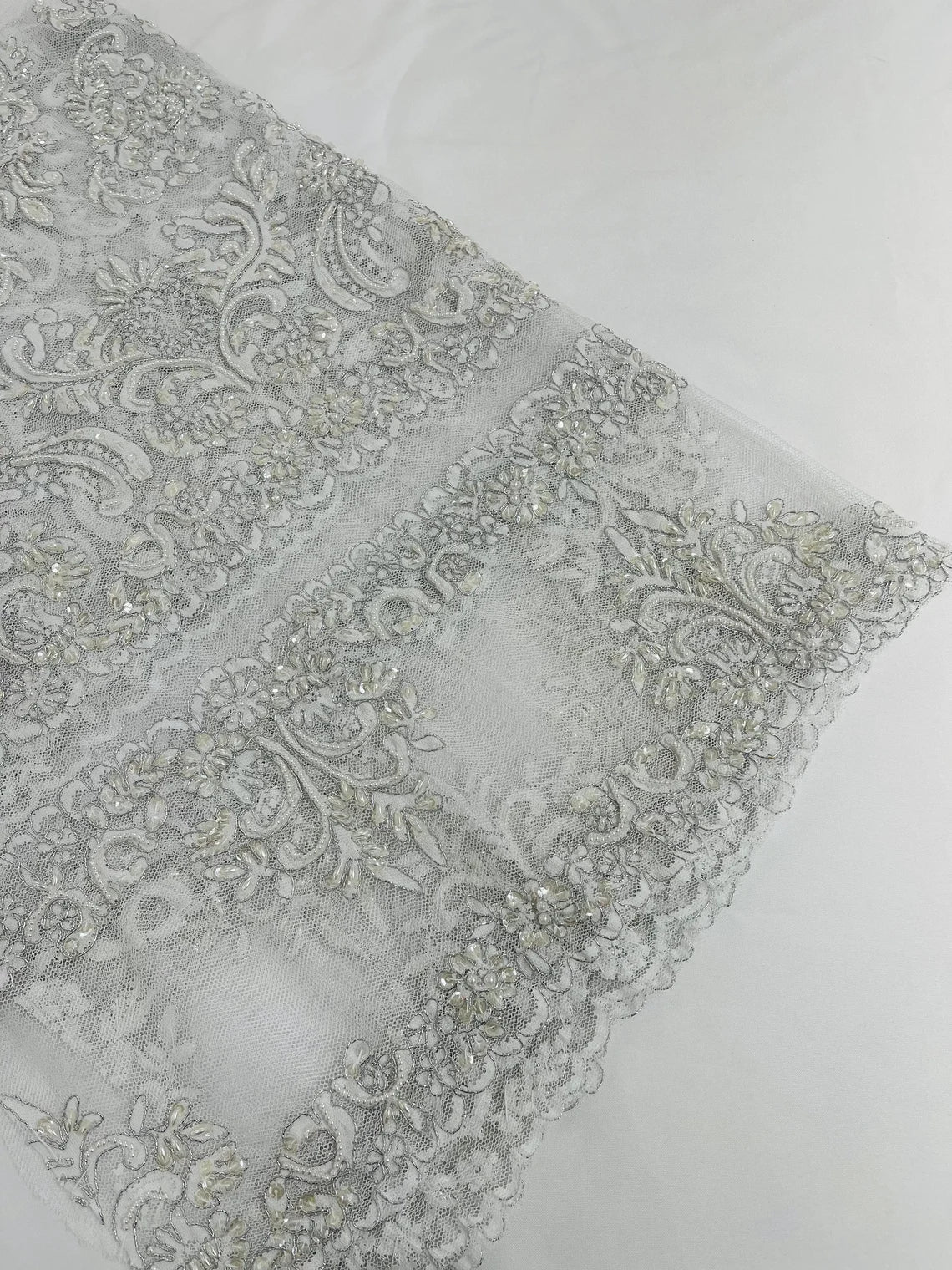 Beaded My Lady Damask Design - White / Silver - Beaded Fancy Damask Embroidered Fabric By Yard