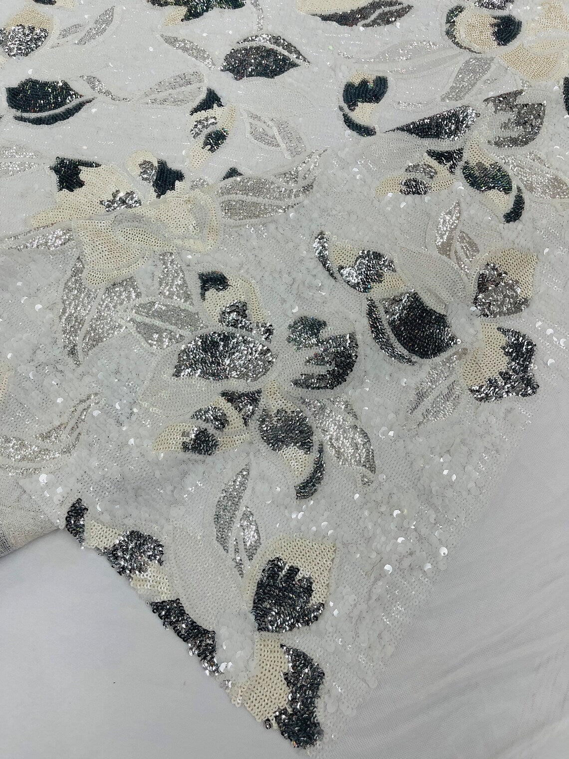 Orchid Design Sequins - White / Silver - 4 Way Stretch Full Sequins Floral Design Mesh Fabric By Yard
