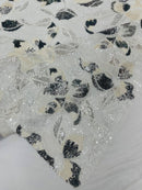 Orchid Design Sequins - White / Silver - 4 Way Stretch Full Sequins Floral Design Mesh Fabric By Yard