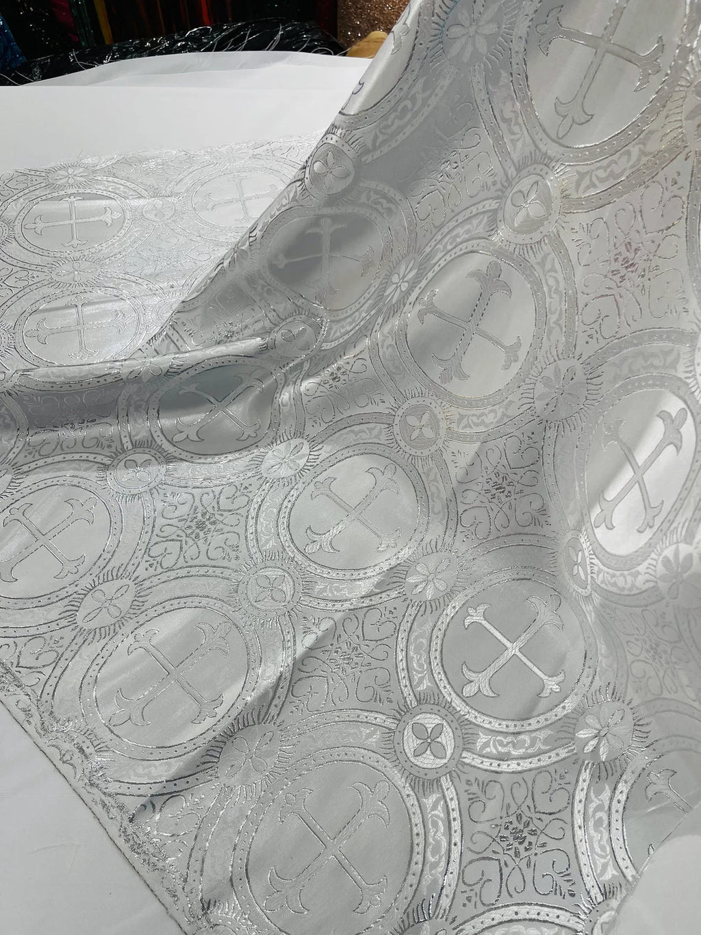 Brocade Cross Fabric - White / Silver - Church Vestment Religious Jacquard Fabric By Yard