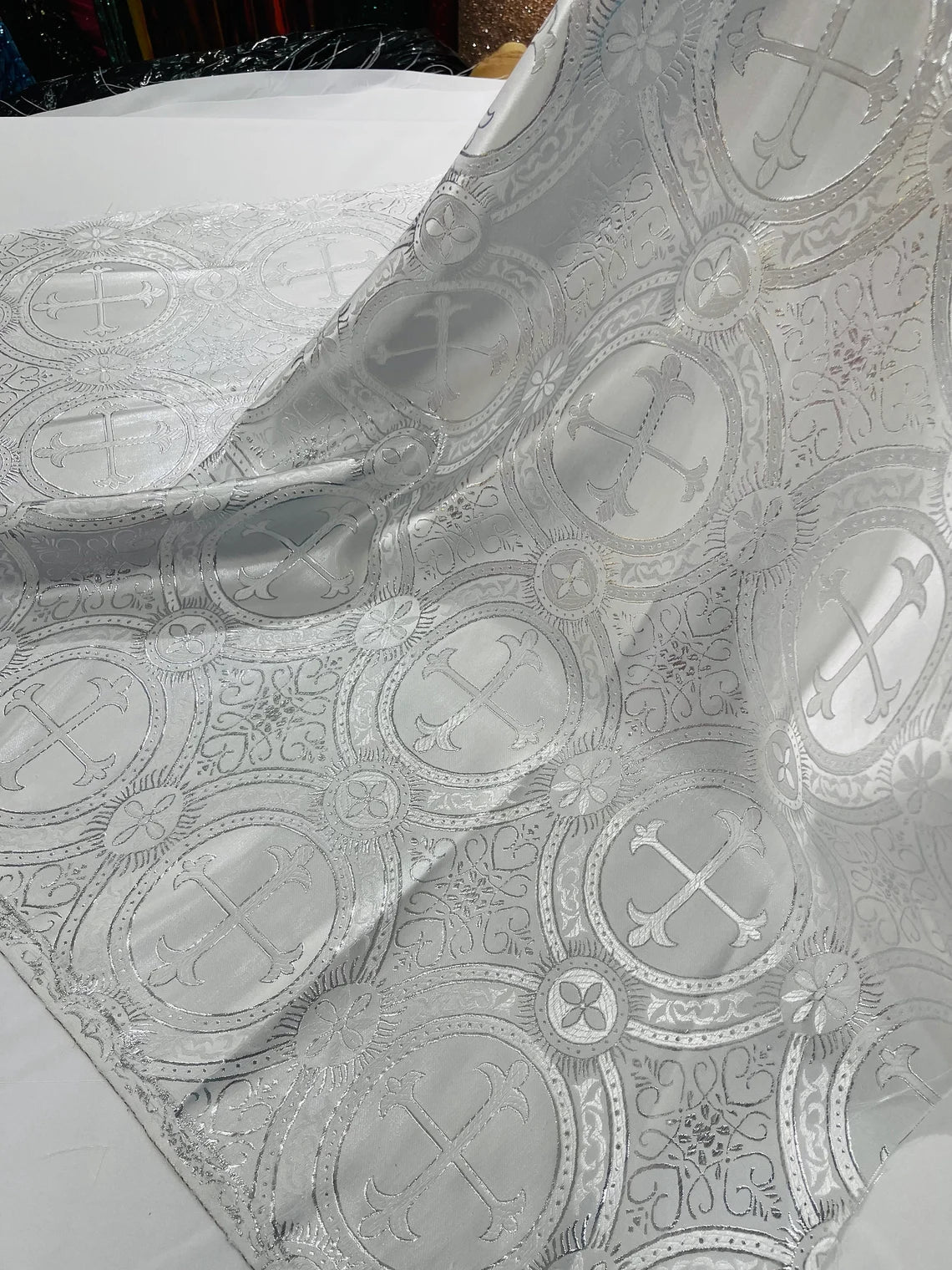 Brocade Cross Fabric - White / Silver - Church Vestment Religious Jacquard Fabric By Yard