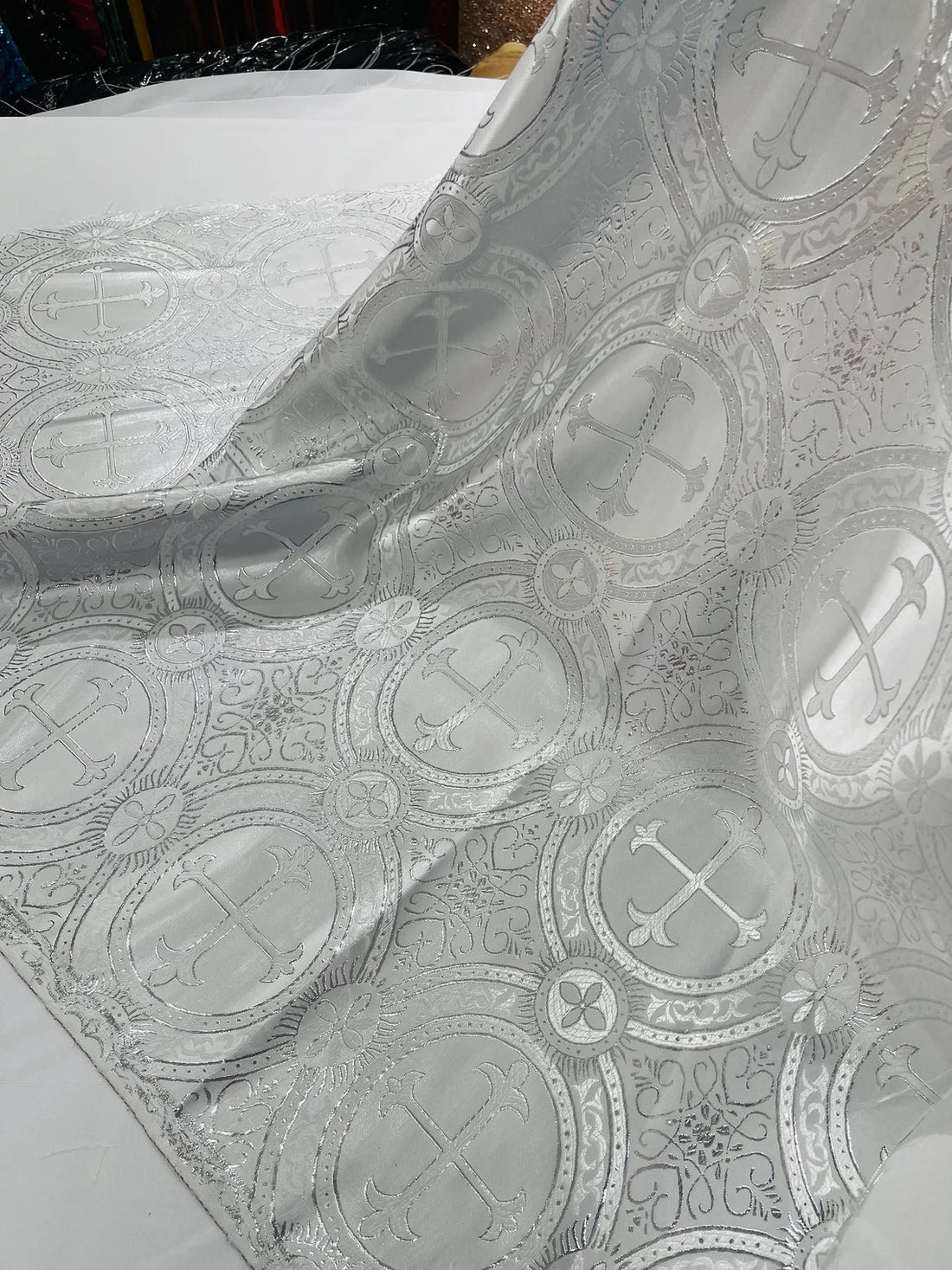 Brocade Cross Fabric - White / Silver - Church Vestment Brocade Cross Fabric - White / Silver - Church Vestment