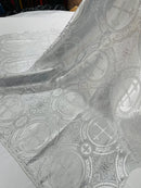 Brocade Cross Fabric - White / Silver - Church Vestment Religious Jacquard Fabric By Yard