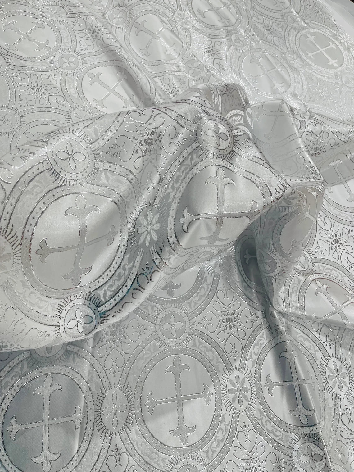 Brocade Cross Fabric - White / Silver - Church Vestment Religious Jacquard Fabric By Yard